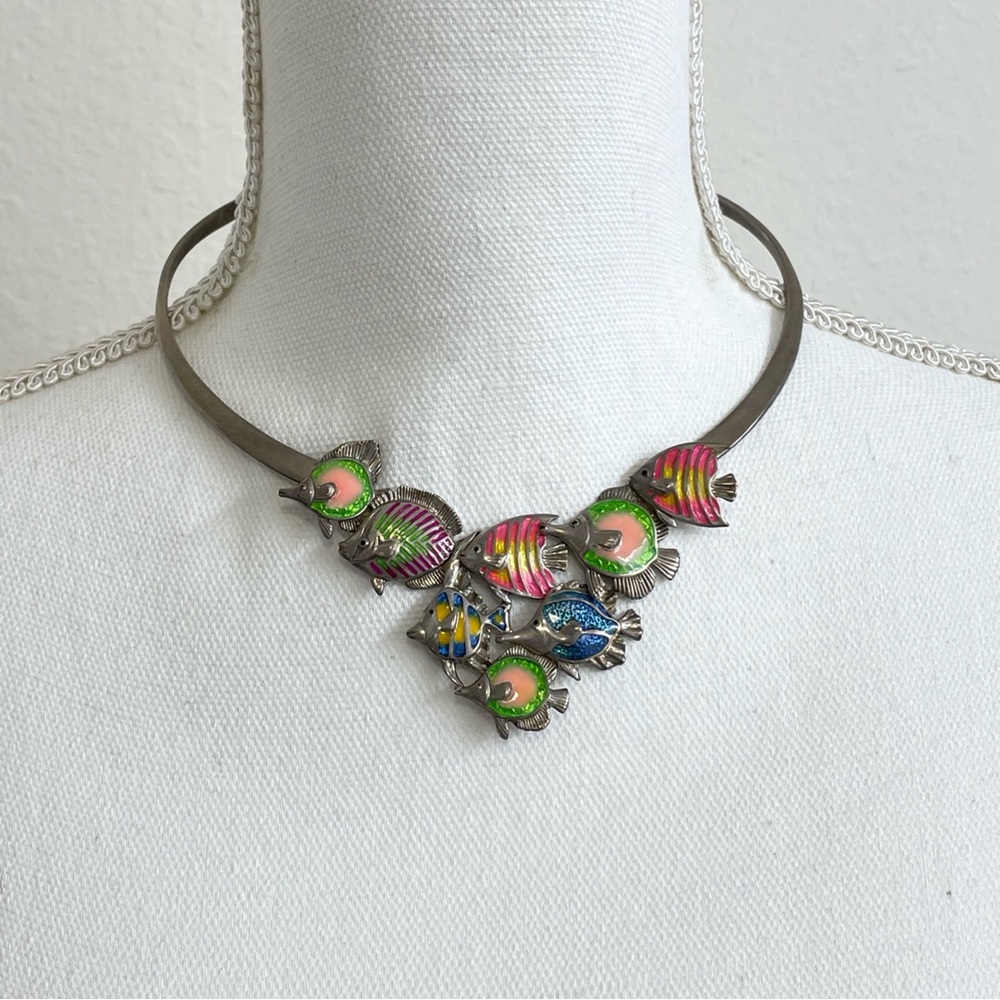 Vintage Kabana Sterling Enamel Tropical Fish Necklace & Earrings - Clown fish